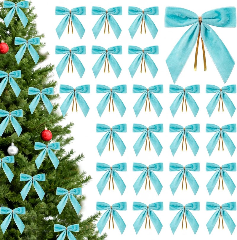 CCILAND Store 24 Pcs Blue Small Velvet Bows for Christmas Tree, 3.54 Inch Mini Christmas Bows for Gift Wrapping, Twist Tie Velvet Bows Xmas Ornaments for Wreath, Crafts, Party, Wedding - Image 1